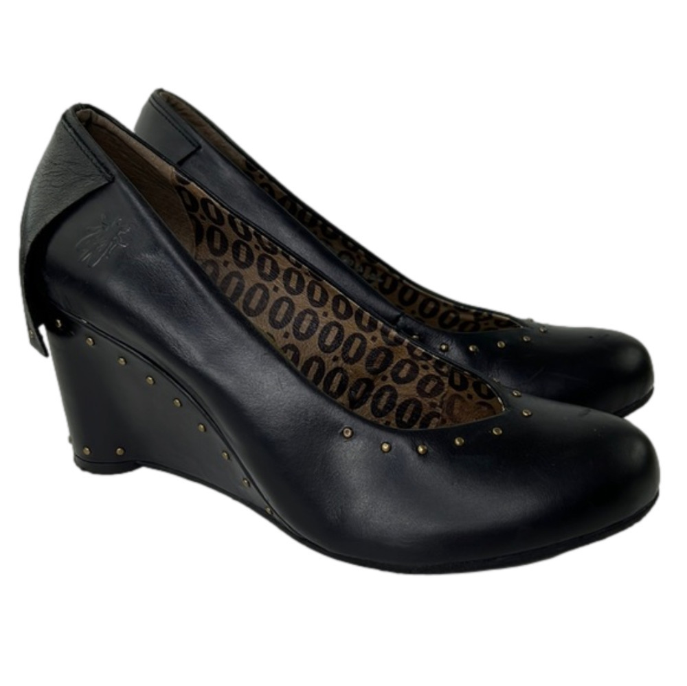 FLY LONDON Black Leather Wedge Shoe with Gold Bead Detail